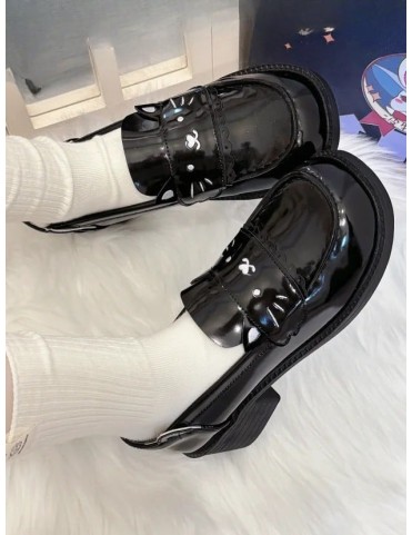 Mocassins noirs en PU cuir, style preppy félin, talon 4.5cm