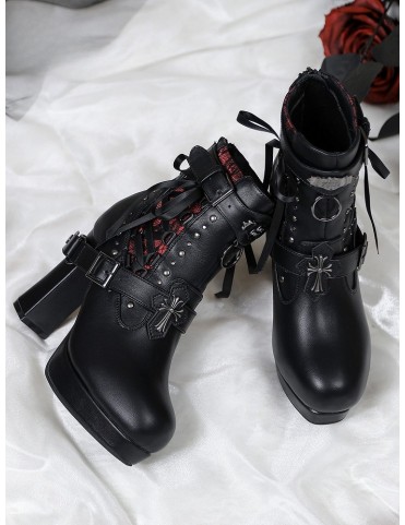 Bottines noires gothiques à talons hauts - Détails cloutés et laçage c