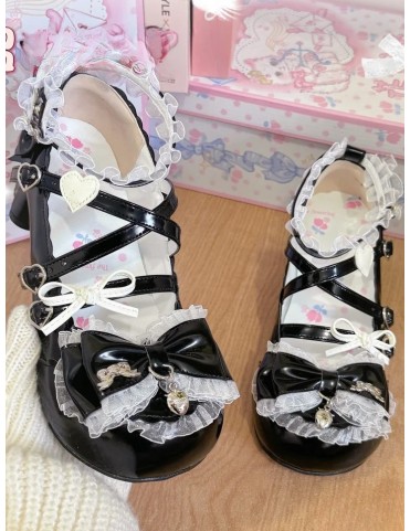 Mary Janes Noires Sweet Lolita - Talon Moyen, Nœud et Détails en Dente