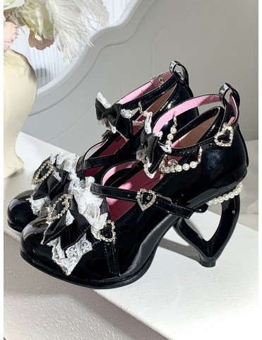 Escarpins Lolita Noirs en Cuir Synthétique - Talon en Forme de Cœur av