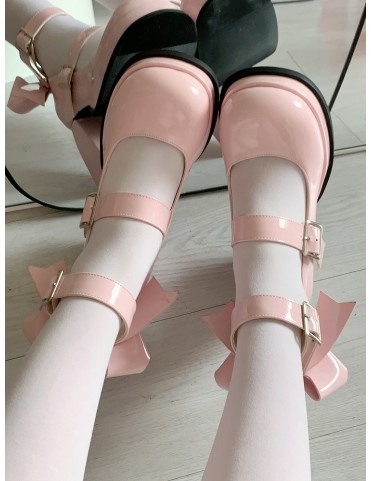Chaussures Mary Jane rose en cuir synthétique, talon bloc et nœud arri