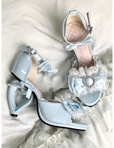 Escarpins bleu en cuir synthétique Hime-Kei - Détails perles, décor nœ