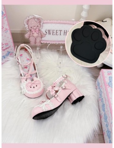 Mary Janes Rose en Cuir Synthétique - Détails Chat, Nœuds et Boucle Cœ