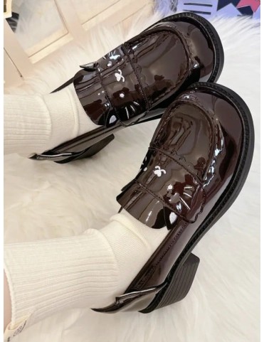 Chaussures en cuir PU poli marron - Modèle slip-on avec motif félin po