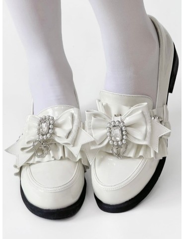 Escarpins bas en cuir synthétique blanc, style Jirai Kei, avec nœud pe