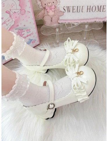 Chaussures Lolita blanches en cuir synthétique à bout rond avec bord f