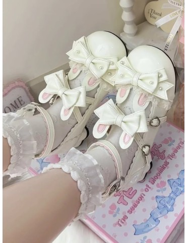 Mary Janes en cuir synthétique blanc - nœud oreilles de lapin, détails