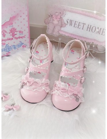 Mary Janes Rose Bonbon Lolita - Talon Moyen, Détails à Noeud, Boucle C