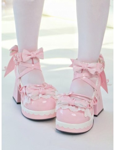Mary Janes Rose Bonbon Lolita à Plateforme 8cm - Détail nœud rayé, bor
