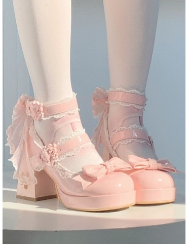 Mary Janes Rose Bonbon Lolita à Plateforme et Talons Bloc - Découpe Ce