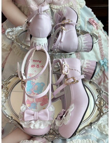 Mary Janes Violettes Sweet Lolita à Talons Modérés - Dentelle et Nœud
