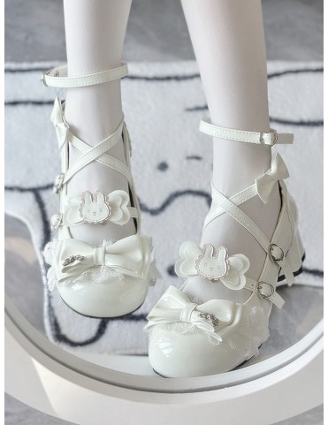 Mary Janes Blancs Thème Lapin - Talons Modérés, Détails à Noeud et Bou