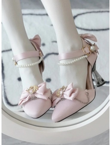 Sandales à talons aiguilles rose avec chaîne à perles amovible, décor