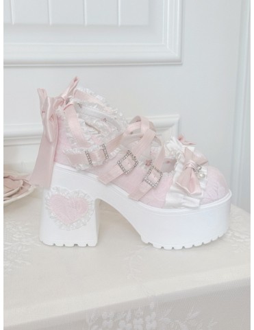 Chaussures Lolita Rose Sophistiqué - Boucle Étincelante, Nœud Amovible