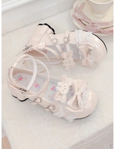 Escarpins beige Lolita - Cuir synthétique avec décor lapin, détails nœ