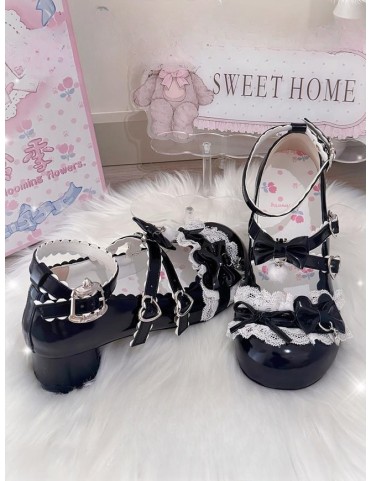 Escarpins Sweet Black Lolita - Cuir synthétique avec nœud, bride à thè