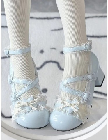 Mary Janes bleu bonbon en PU avec dentelle, étoile et fermoir cœur