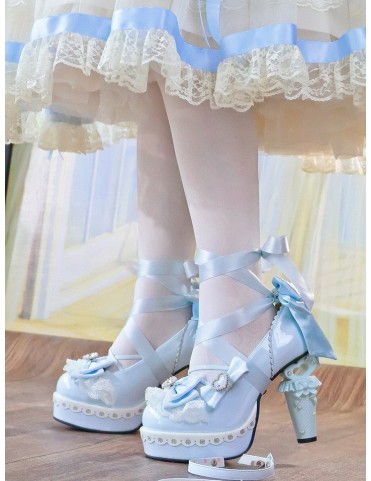 Mary Janes plateforme bleu ciel Sweet Lolita - Talon sculpté avec déta