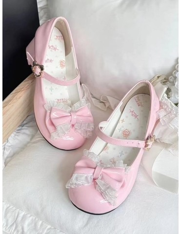 Escarpins Rose Lolita à Talon Moyen - Bout Rond, Nœud Floral, Dentelle