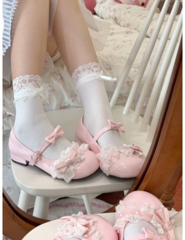Escarpins Rose Sakura Lolita - Cuir PU avec Perles, Nœuds, Dentelle et