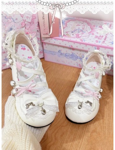 Chaussures Lolita blanches - Cuir synthétique avec nœuds, fermoir cœur