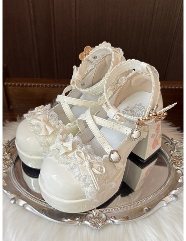 Mary Janes blanches à plateforme épaisse et talons blocs - Style Lolit