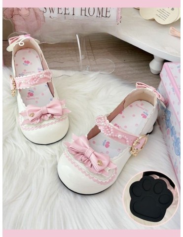 Escarpins Lolita en cuir synthétique - Talon patte de chat, nœud et fe