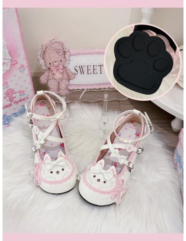 Escarpins Sweet Lolita en cuir synthétique - Décor chat, nœuds, fermet