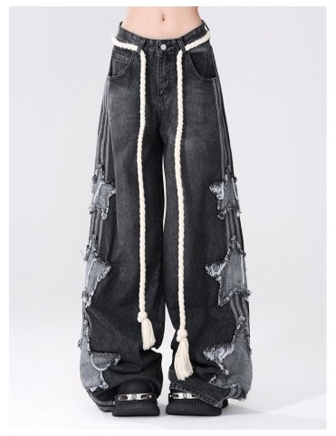 Jean taille basse large à patchwork étoile effiloc