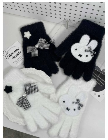 Gants en peluche mignons noirs et blancs avec moti