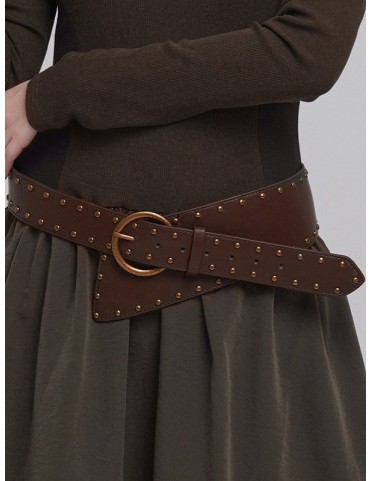 Ceinture Punk Marron à Clous en PU avec Boucle en Alliage
