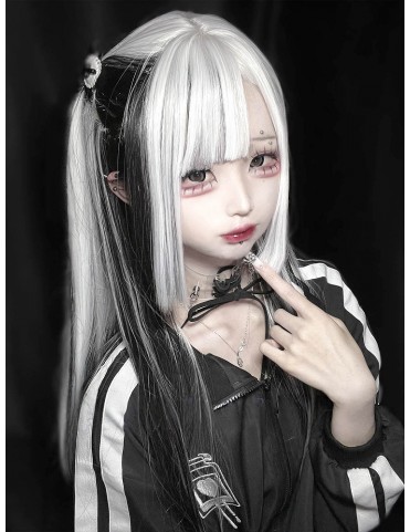 Perruque droite Hime Cut noire et blanche avec frange - 80CM