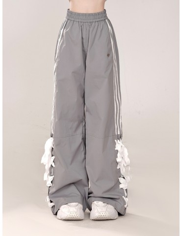 Pantalon droit gris style preppy avec lacets décoratifs