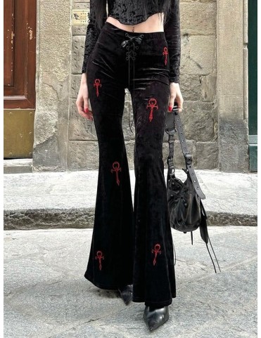 Pantalon gothique noir évasé avec croix rouge et lacets