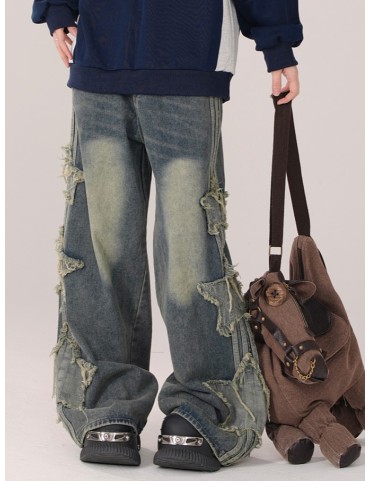 Jean vintage bleu à jambes larges - Détails patchwork étoiles usées