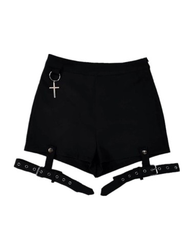 Short gothique noir avec anneaux de jambe amovibles et breloques crois