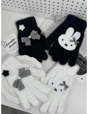 Gants en peluche mignons noirs et blancs avec motif Miffy et étoiles