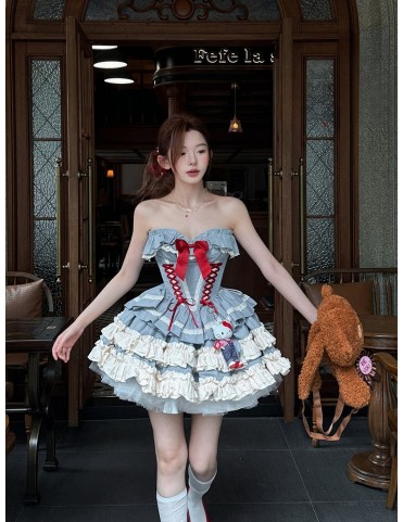 Corset lacé bleu + Jupon bouffant + Ensemble boléro