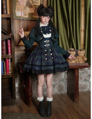 Ensemble Lolita Style Preppy Vert - Version Courte JSK + Chemise + Hau