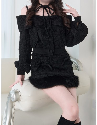 Ensemble Tweed Noir Jirai Kei - Haut Débardeur et Jupe à Ourlet Doux