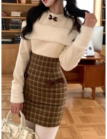 Robe marron à épaules dénudées avec empiècement beige effet deux pièce