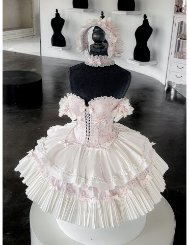 Ensemble Corset Floral Rose & Blanc + Jupe + Choker + Bracelets + Ense