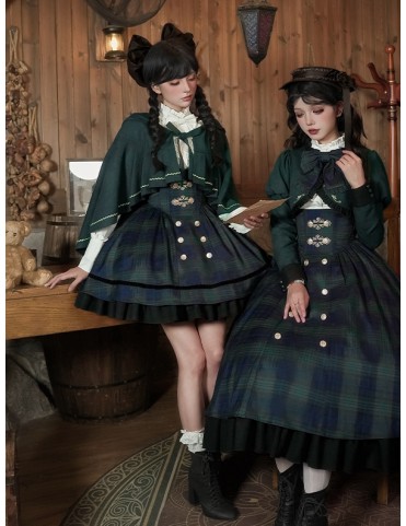 Ensemble Lolita Écossais Vert - Version Courte JSK + Chemise + Cape à