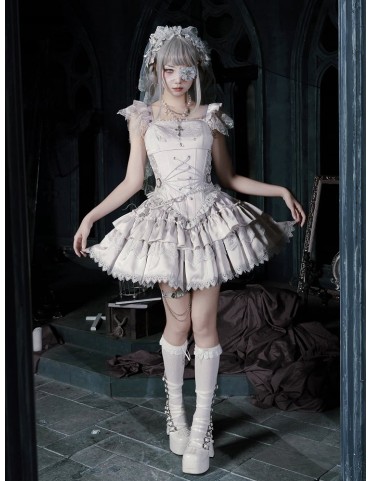 Ensemble Silver Gothic Lolita - Corset Brodé + Mini-Jupe + Ceinture +
