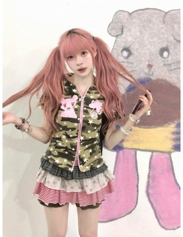 T-shirt zippé camouflage avec capuche oreilles d'ours