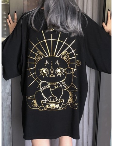 T-shirt noir oversize de style punk à manches raglan avec motif chat p