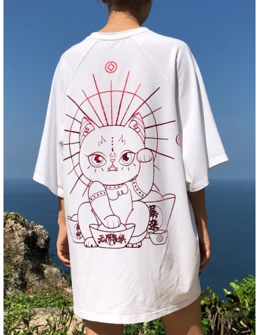T-shirt blanc oversize à manches raglan avec motif chat porte-bonheur