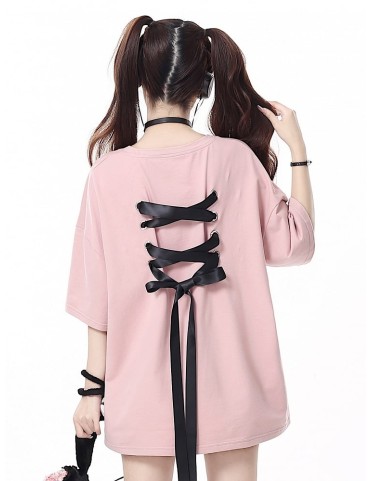 T-shirt imprimé nœud rose avec laçage dos et rubans multicolores