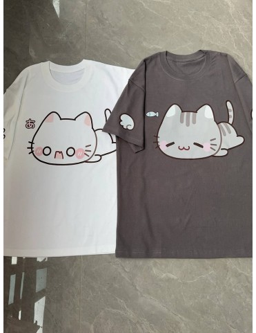 T-shirt mignon chaton blanc / gris