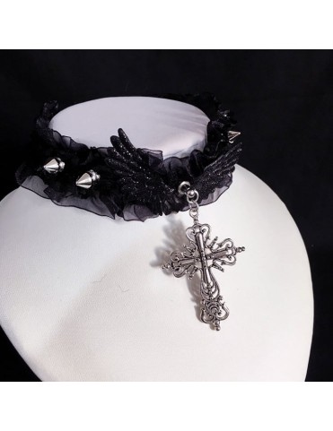 Collier ras-du-cou gothique noir et blanc à volants avec clous et pend